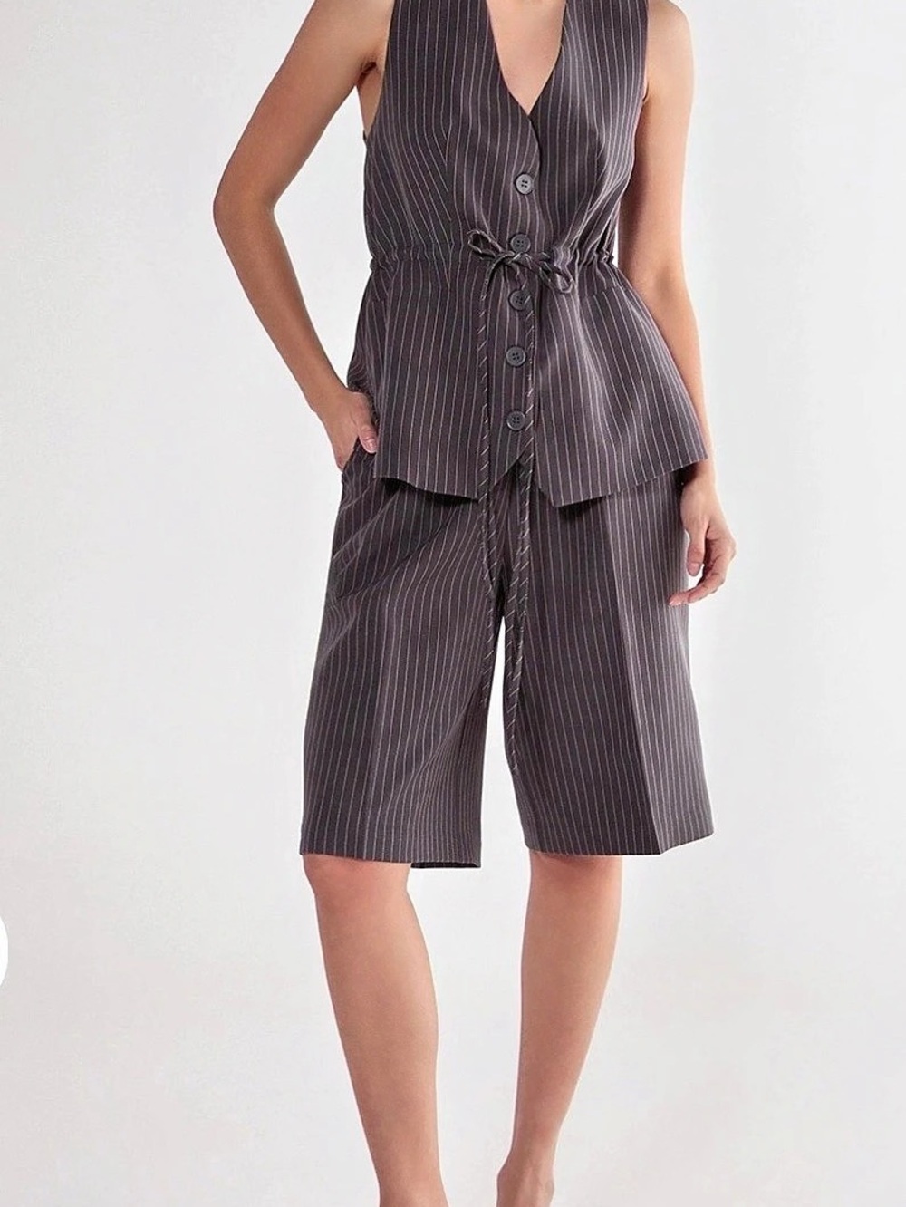 Nasty Gal Pinstripe Tie Waist Tailored Jorts in Grey